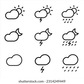 Weather and forecast line icons. Vector linear icon set. Sun clouds rain snow wind fog infographic and design interface outline elements. day and night weather collection meteorology elements cold and