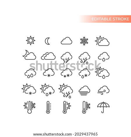 Weather forecast line vector icon set. Stormy, sunny, rain, snow icons. Sun and clouds, hot and cold symbols, editable stroke.