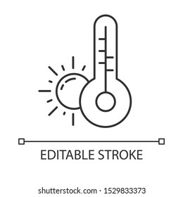 Weather forecast linear icon. Anticyclone. Sun and thermometer. Meteorological observations. Global warming. Thin line illustration. Contour symbol. Vector isolated outline drawing. Editable stroke