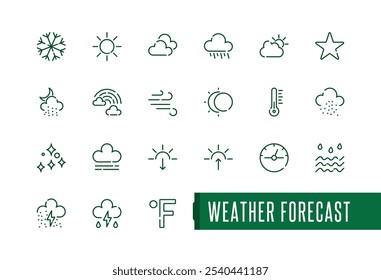 Weather forecast linear icon collection. Includes thin line snow, sunny, climate, season, sunrise, flooding and more. Thin linear style icons. Editable vector icon and illustration.