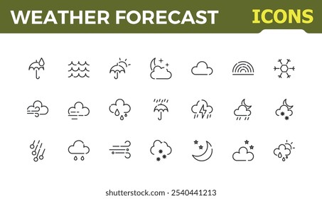 colección de iconos lineales de previsión de Clima. Incluye nieve de línea delgada, soleado, clima, estación, amanecer, inundaciones y más. Iconos de estilo lineal delgado. Icono de Vector editable e ilustración.