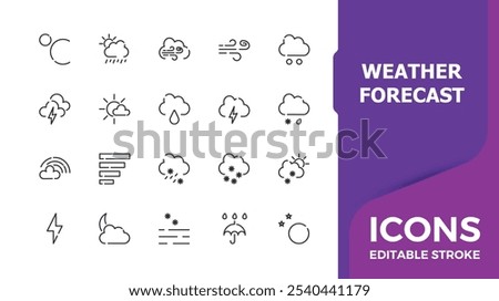 Weather forecast linear icon collection. Includes thin line snow, sunny, climate, season, sunrise, flooding and more. Thin linear style icons. Editable vector icon and illustration.