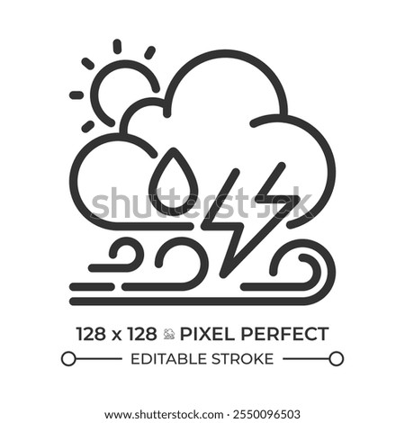 Weather forecast linear icon. Various weather patterns. Changing atmospheric conditions. Meteorology. Thin line illustration. Contour symbol. Vector outline drawing. Editable stroke