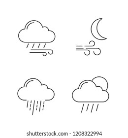 Weather forecast linear icons set. Windy rainy weather, wind at night, heavy rain, scattered shower. Thin line contour symbols. Isolated vector outline illustrations. Editable stroke