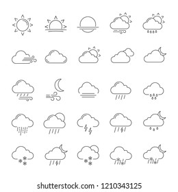 Weather forecast linear icons set. Snow, rain, sleet. Shower or drizzle, thunderstorm. Sunny, cloudy, foggy and windy weather. Contour symbols. Isolated vector outline illustrations. Editable stroke