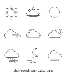 Weather forecast linear icons set. Sun, sunrise, sunset, wind, cloud, partly cloudy weather, pouring rain, windy night, fog. Contour symbols. Isolated vector outline illustrations. Editable stroke