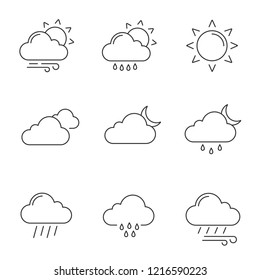 Weather forecast linear icons set. Partly cloudy and windy weather, drizzle rain, sun, clouds, night, wind, overcast, rainy night. Isolated vector outline illustrations. Editable stroke