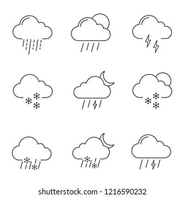 Weather forecast linear icons set. Thunderstorm, drizzle rain, sleet, heavy rain, scattered shower, thunder, light snow, night storm, scattered snow. Isolated vector illustrations. Editable stroke