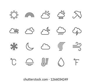 Weather forecast linear icons set. Snow, rain, sleet. Shower or drizzle, thunderstorm. Sunny, cloudy, foggy and windy weather. Isolated vector outline illustrations editable stroke 48x48 Pixel Perfect