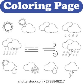 Weather forecast linear icons set coloring book page for kids
