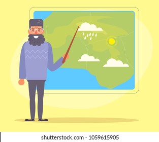 Weather forecast. Man Vector. Cartoon. Isolated