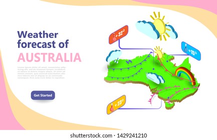Weather forecast map of Australia. Isometric set icons location on country. Vector widgets layout of a meteorological application. Illustration of meteo pictograms for web, graphic, infographic design