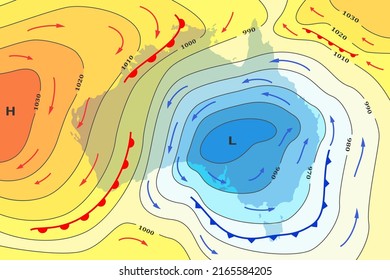 Weather forecast map of Australia. Movement of cold front to continent. Winter in Australia. Template of synoptic map showing of isobars, pressure, temperature change, direction wind, weather fronts.