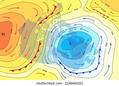 Weather Forecast Map Of Canada. Movement Of Cold Front To Canada. Template Of Climate Map For Synoptic Prediction With Pressure, Isobars, Temperature Change, Meteorology Cyclone, Direction Wind Fronts