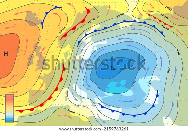 Weather forecast map of Europe. Template of\
climate generic system map for synoptic prediction with pressure,\
isobars, movement of meteorology cyclone, direction wind fronts,\
temperature diagram.