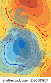 Weather forecast map of Great Britain. Movement of cold front to UK. Meteorological forecast. Template of synoptic map showing of isobars, pressure, temperature change, direction wind, weather fronts.