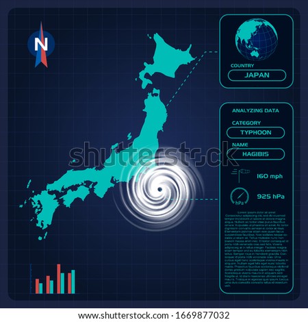 Weather forecast map of JAPAN with Typhoon Hagibis or tornado. Editable infographic template with different charts, data icons, meteo pictograms. Modern Interface design of climate forecast technology