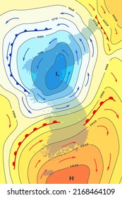 Weather forecast map of Korea. Movement of warm cyclone to Korea. Template of climate map for synoptic prediction with pressure, isobars, temperature, meteorology cyclone, direction wind fronts.