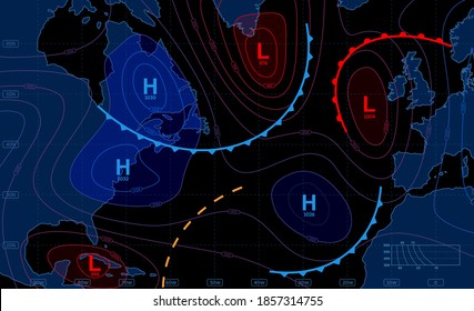 Mapa de previsión meteorológica. Concepto meteorológico sobre fondo oscuro. Ilustración vectorial.