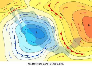 Weather forecast map of Mexico. Movement of cold front to country. Template of climate map for synoptic prediction with pressure, isobars, temperature, meteorology cyclone, direction wind fronts.