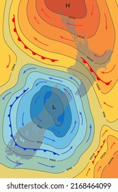 Weather forecast map of New Zealand. Movement of cold front to island. Template of climate map for synoptic prediction with pressure, isobars, temperature, meteorology cyclone, direction wind fronts.