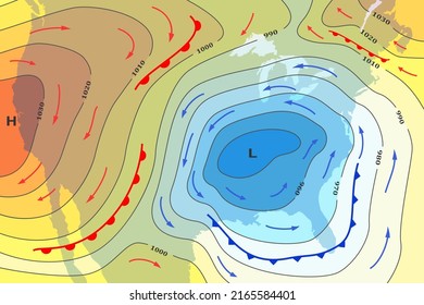 Weather forecast map of USA. Cold and warm fronts movement to America. Template of climate map for synoptic prediction with pressure, isobars, temperature, meteorology cyclone, direction wind fronts.