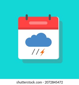 Símbolo del icono meteorológico pronosticador del tiempo con el símbolo de meteorología de lluvia de tormenta de lluvia en el signo del calendario ilustración de caricatura plana aislada, idea del mes de lluvias frías de otoño