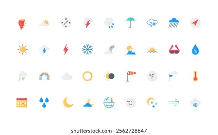 Weather forecast and meteorology, climate, rain and snow, Celsius and Fahrenheit temperature color icon set. Rainbow and wind, cloud with drops and storm, seasons flat elements vector illustration