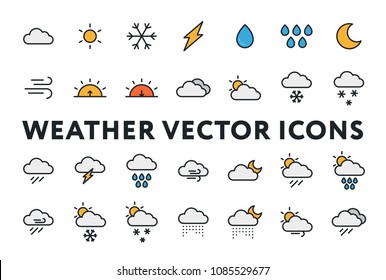 Weather Forecast Meteorology Icons Set. Sun, Snow, Cloud, Rain, Storm, Sunrise, Dawn, Moon, Wind. Minimal Color Flat Line Outline Stroke Pictograms.