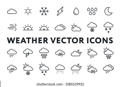 Weather Forecast Meteorology Icons Set. Sun, Snow, Cloud, Rain, Storm, Sunrise, Dawn, Moon, Wind. Minimal Flat Line Outline Stroke Pictograms.