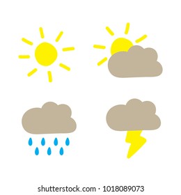 Weather forecast and meteorology symbols icons set. Sun, cloud, rain and lightning. Vector illustration in flat style isolated on white background