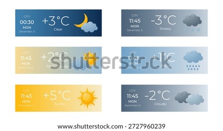 Weather forecast and meteorology  widget concept. App interface tables. UI  template. Banner in flat style. Temperature, snowy, cloudy, sunny and rainy icons. Flat  design concept. Vector illustration.