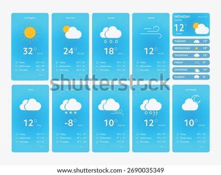 Weather forecast mobile app template. Mobile interface. Weather icons.GUI elements for weather forecast. UI UX toolkit vector illustration. 