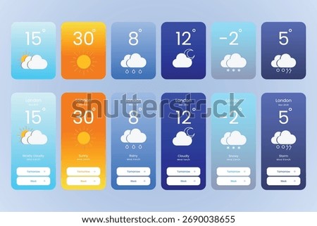 Weather forecast mobile app template. interface, weather icons set.UI elements for weather forecast mobile app.UI UX toolkit vector illustration.