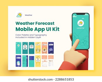Weather Forecast Mobile App UI Kit With Showing Temperature, Weather Condition For Responsive Website Wireframe.