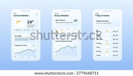 Weather Forecast Mobile App UI Screens in Soft Blue Design. Minimal weather app interface mockup showing current conditions, hourly forecast, air quality, temperature charts. Vector Mobile Application