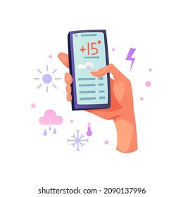 Aplicación móvil de pronóstico del tiempo en smartphone, hombre que usa smartphone mostrando clima nublado con 15 grados. Lluvia y nieve, trueno y sol, símbolos meteorológicos en el teléfono, widget social
