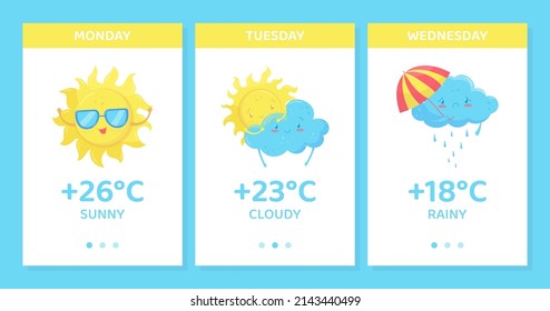 Weather forecast mobile application. Sunny, cloudy, rainy day vector illustration