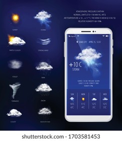 Aplicación móvil de previsión meteorológica con humedad de temperatura y visibilidad ilustración vectorial realista