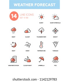 Weather forecast - modern line design icons set. High quality black pictograms. Sunny, rainy, cloudy, thunderstorm, snowy, night, windy, temperature, tornado, weather station, umbrella, fog