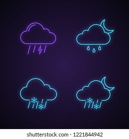 Weather forecast neon light icons set. Thunderstorm, drizzle rain at night, sleet weather, wet snow. Glowing signs. Vector isolated illustrations