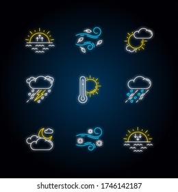 Weather forecast neon light icons set. Sky condition and temperature prediction signs with outer glowing effect. Day and night atmospheric precipitation. Vector isolated RGB color illustrations