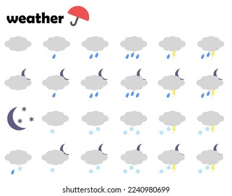 The weather forecast for the night time. Icons, weather prediction symbols. Clouds, clouds, raindrops, lightning, night, moon, snowflake. Vector.