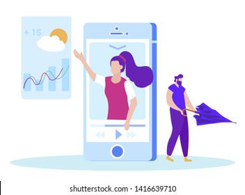 Weather Forecast on Smartphone Screen. Man with Umbrella. Distance Learning. E-Learning. Temperature Rise. White Background. Vector Illustration. Girl Shows on Icon with Weather Forecast.