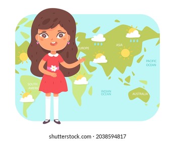 Weather forecast on tv news with kid meteorologist vector illustration. Cartoon cute child girl character talking about sun or rain weather in world, meteorology television channel isolated on white