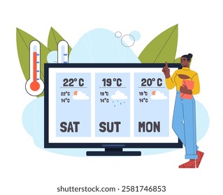 Weather forecast on TV. Woman near television screen with forecast on saturday, sunday and monday. Meteorological tv show anchor. Climate prediction. Flat vector illustration