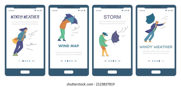 Weather forecast onboarding screens, people with broken umbrellas during wind storm, flat vector illustration. Men and women walk through hurricane and bad meteorological conditions.