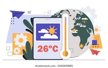 Weather forecast online concept. Temperature and rains predictions at global map. Applications and programs. Meteorologist laptop. Poster or banner. Cartoon flat vector illustration