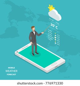 Weather forecast online flat isometric vector concept. Weatherman is standing on the smartphone reporting about the weather.