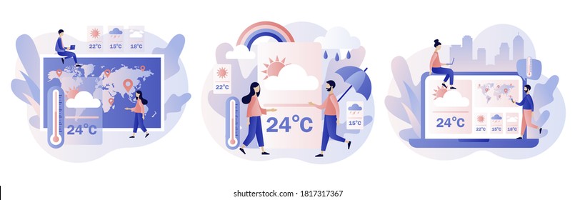 Weather forecast online. Meteorology science. Meteorologist studying and researching weather and climate condition. Sun, clouds, wind, thunderstorm,rain. Modern flat cartoon style. Vector illustration